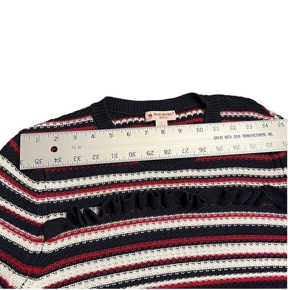 Brooks Brothers Red Fleece Sweater Women’s L Red White Black Striped Knit Ruffle - Picture 9 of 11